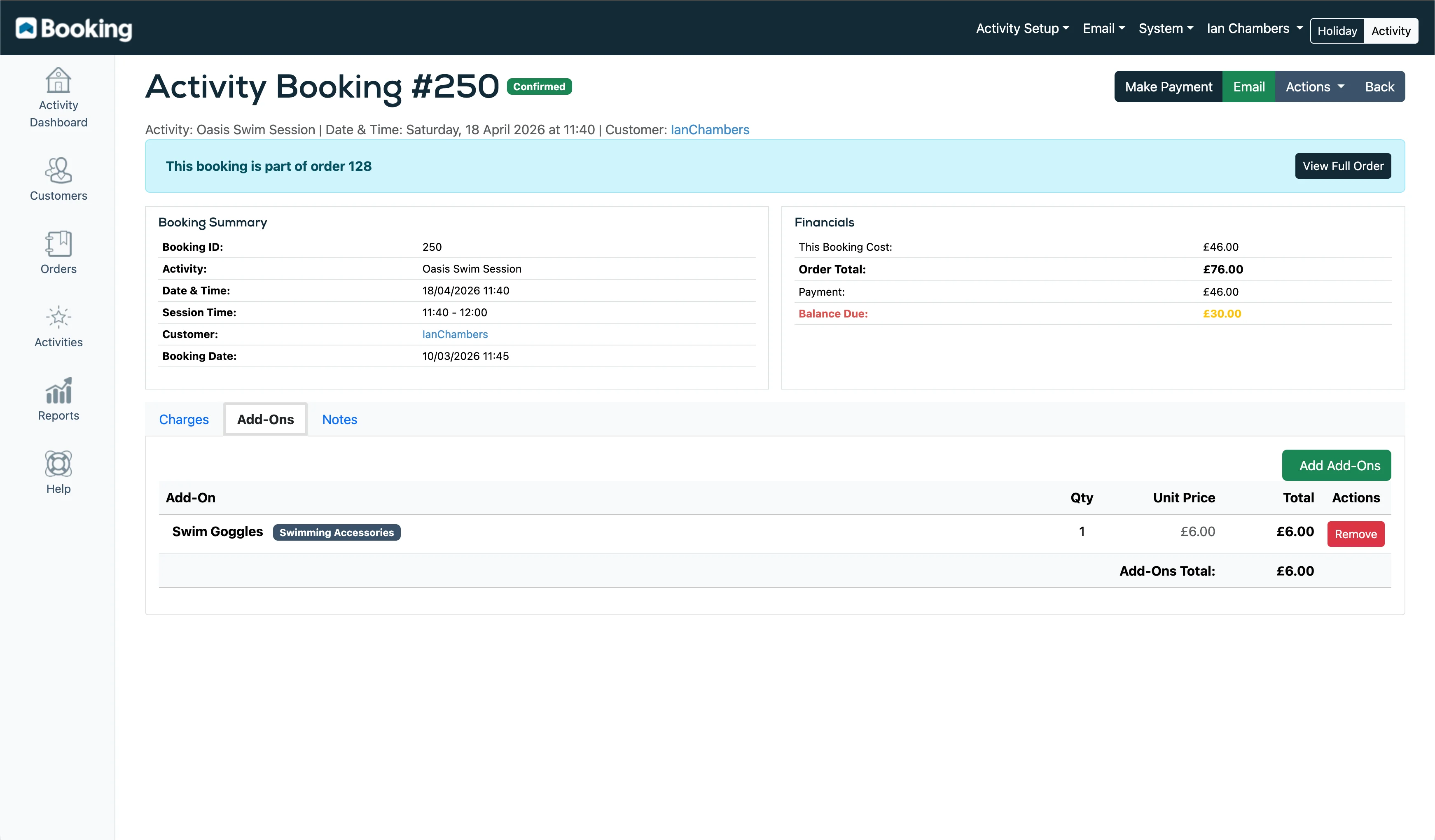 Activity booking detail view showing booking summary, financials, charges, and add-ons