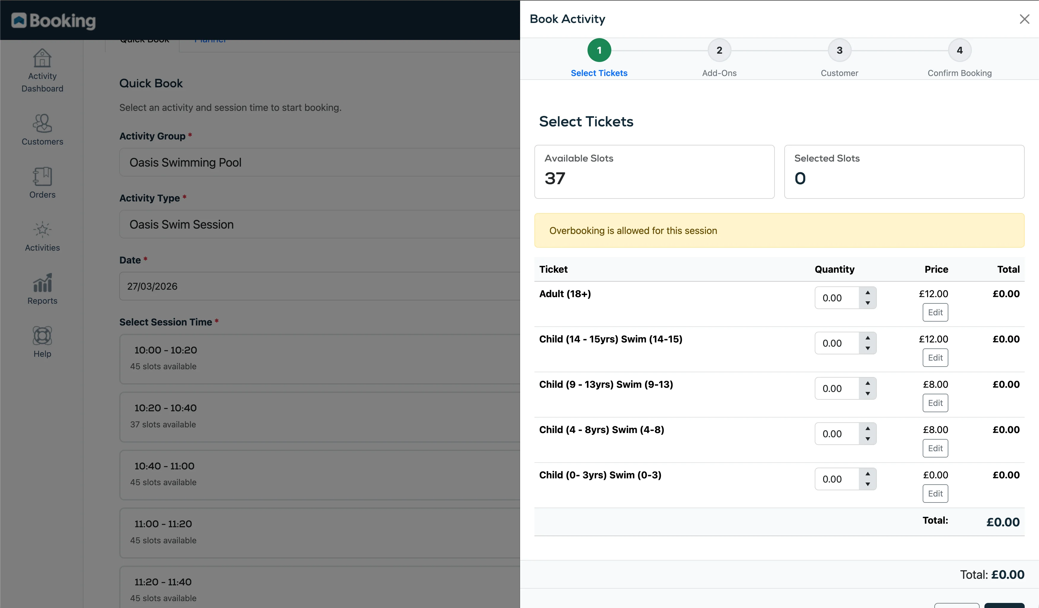Activity booking wizard showing ticket selection with Quick Book sidebar for session and date selection