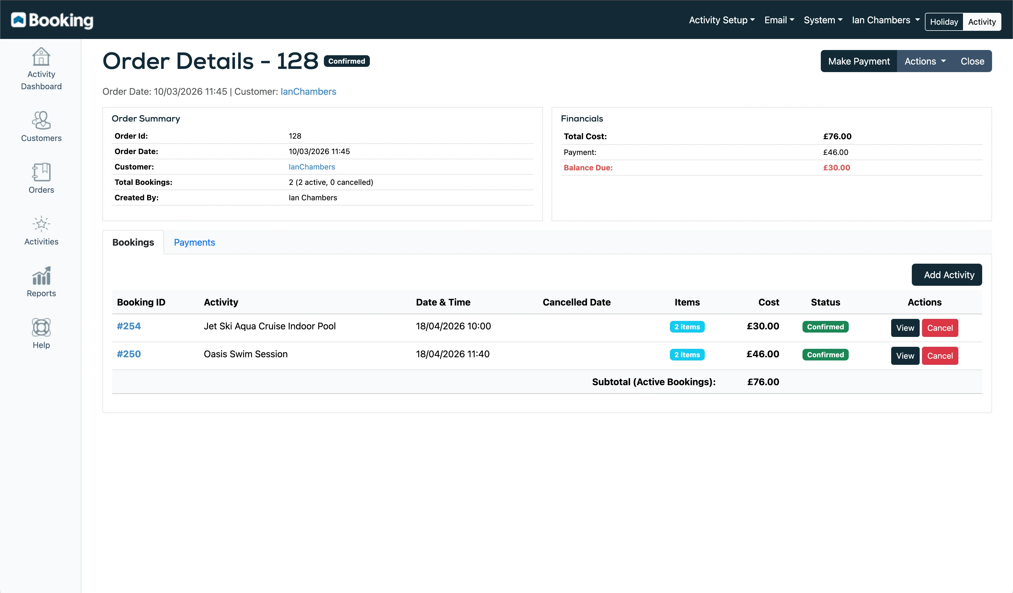 Order details showing multi-activity order with booking list, payment summary, and financial breakdown