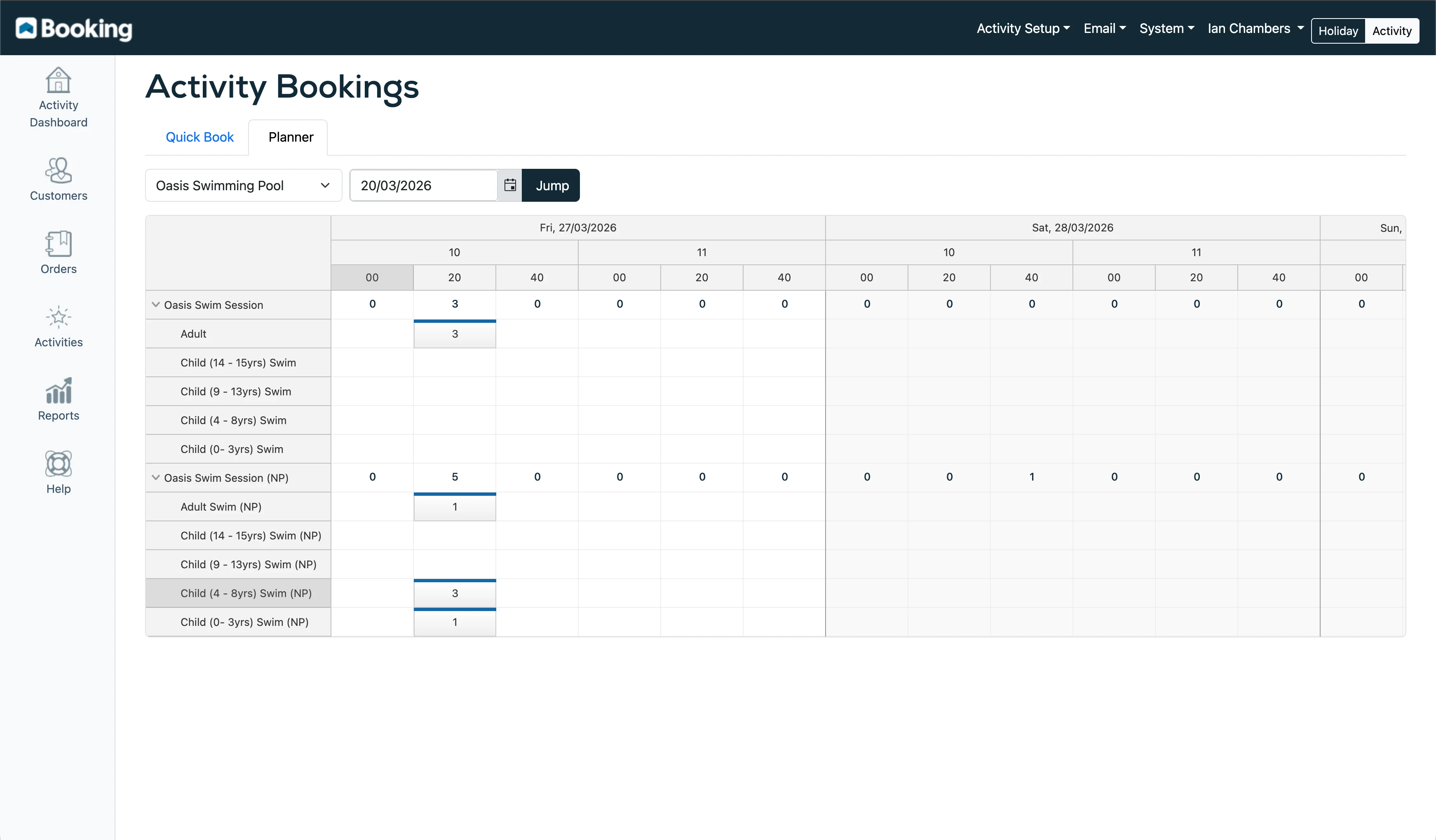 Activity bookings planner showing session timeline with ticket counts across dates and time slots