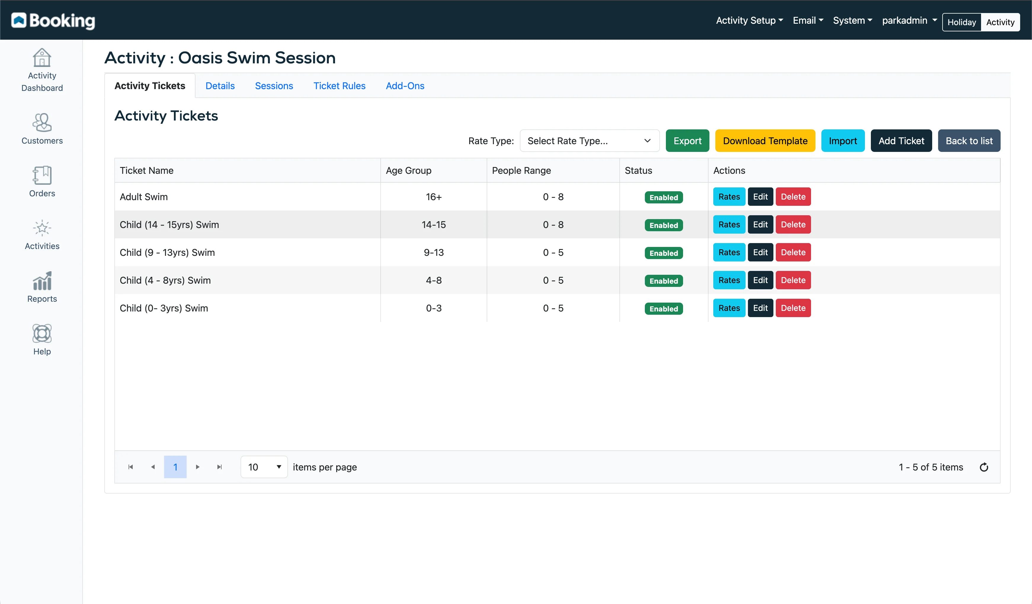 Activity ticket management showing ticket types, age groups, and people ranges for a swim session