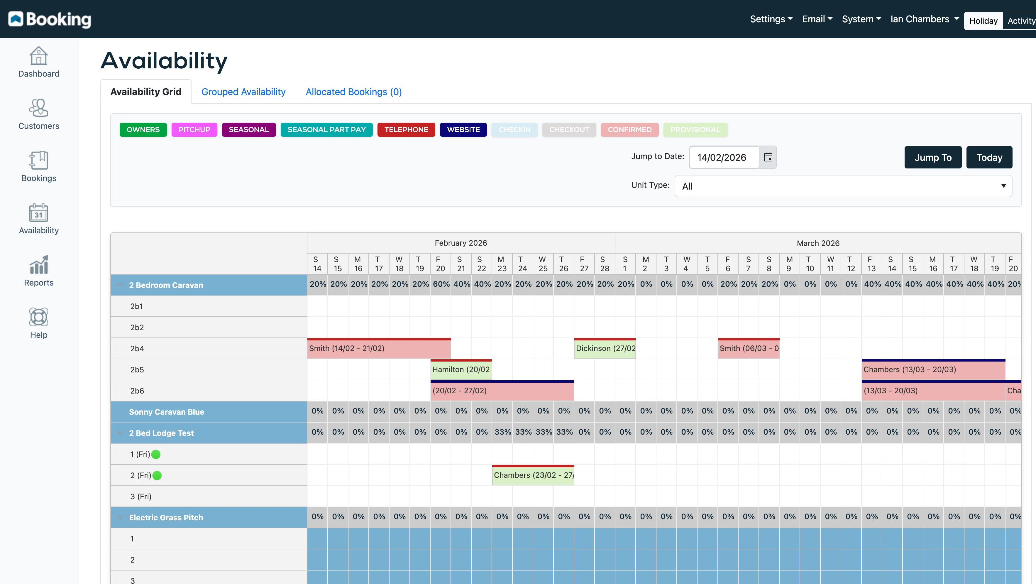 Visual availability scheduling grid showing bookings across unit types and dates