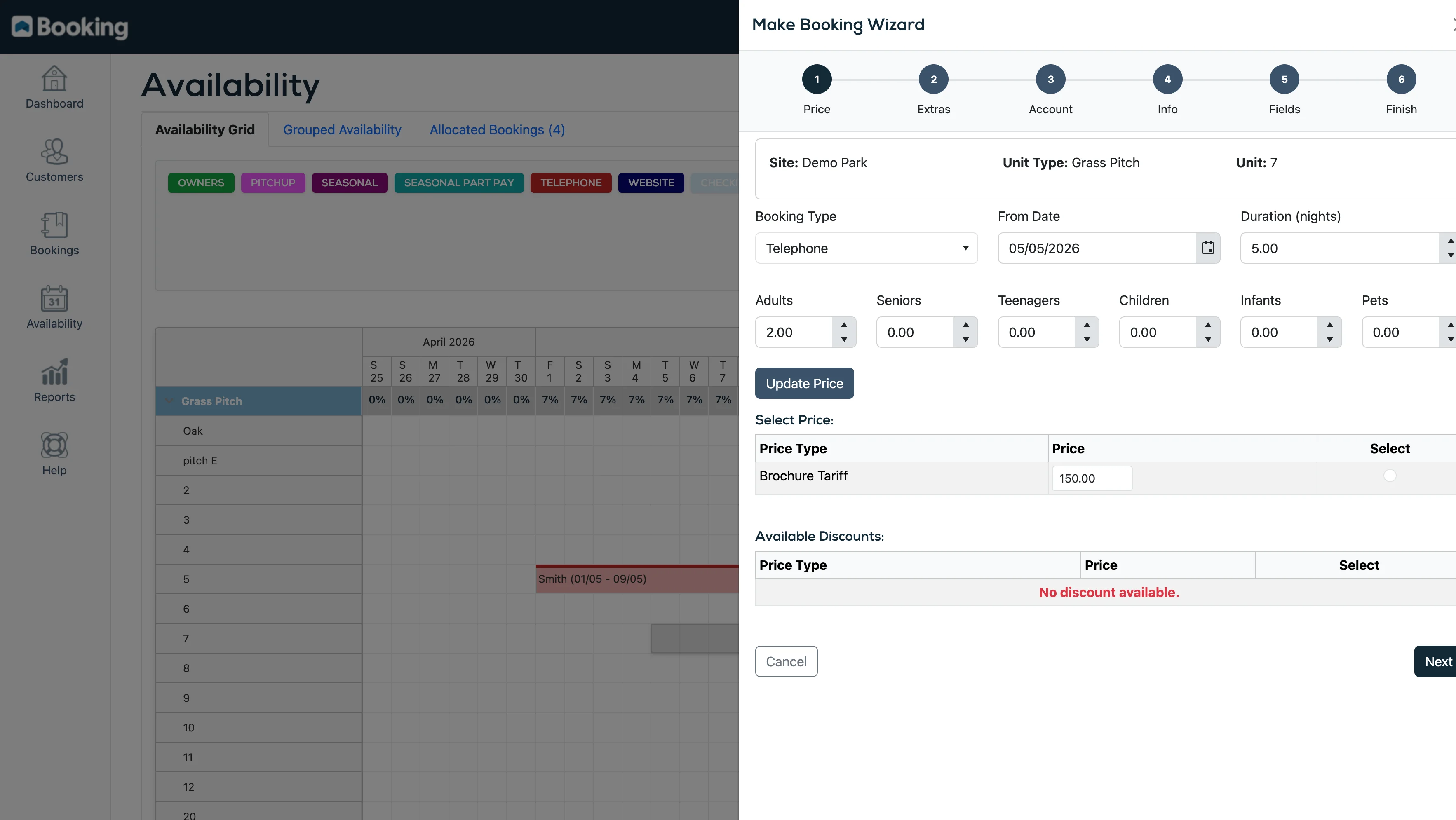 Step-by-step booking wizard for creating guest reservations with pricing and extras