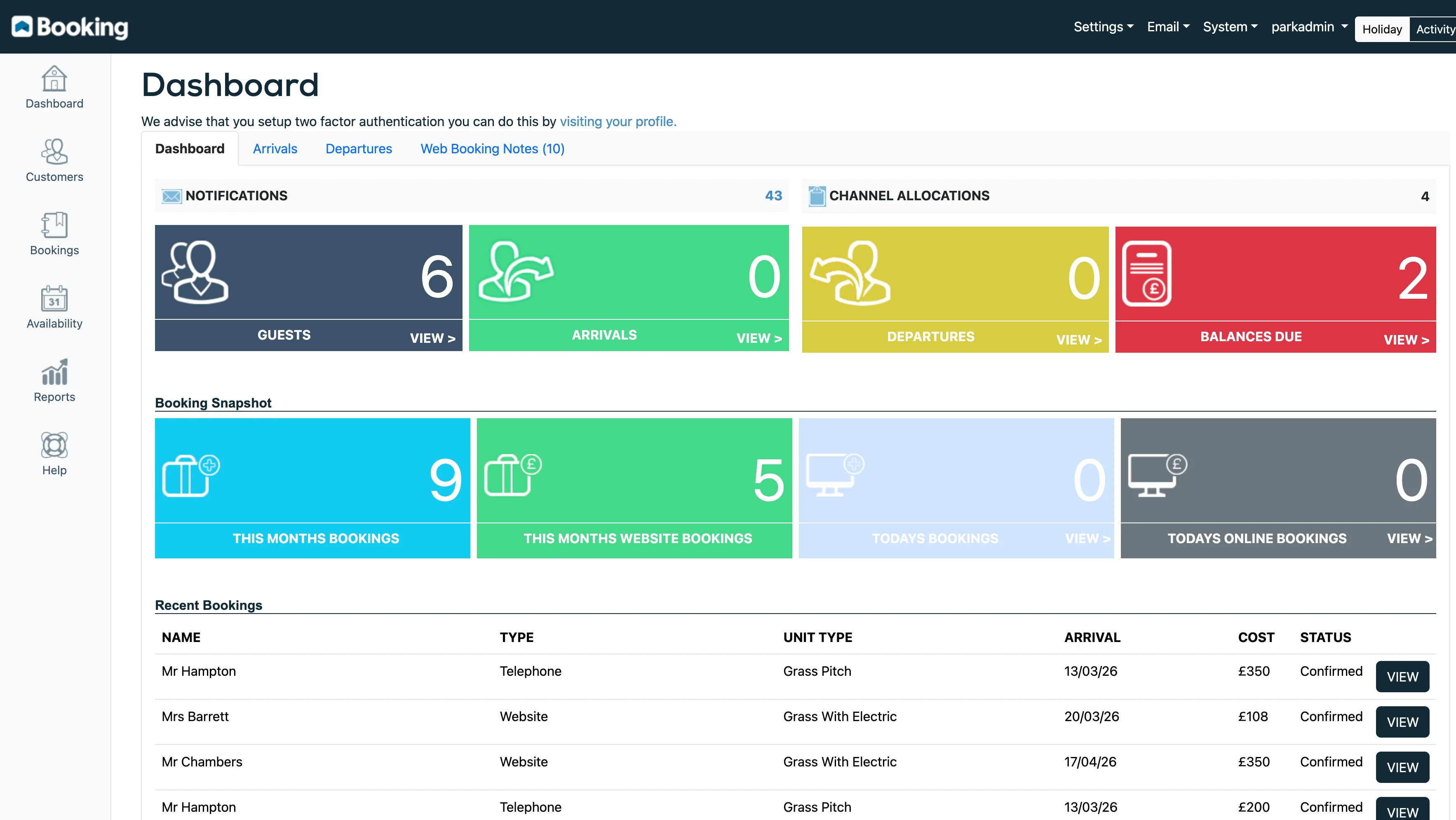 Pitched Booking holiday park dashboard showing arrivals, departures, and booking overview