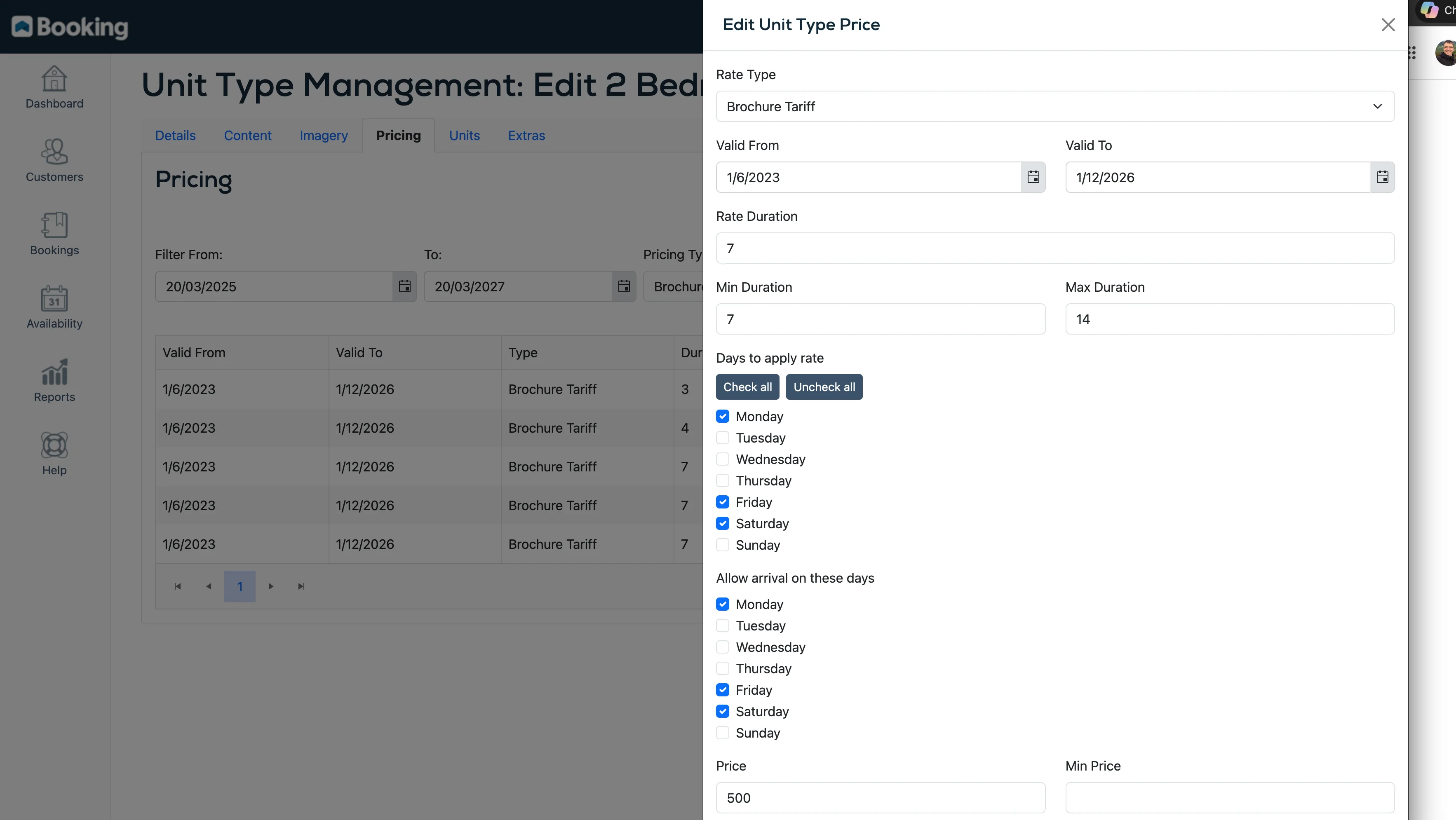 Pricing and yield management showing seasonal tariffs and rate configuration